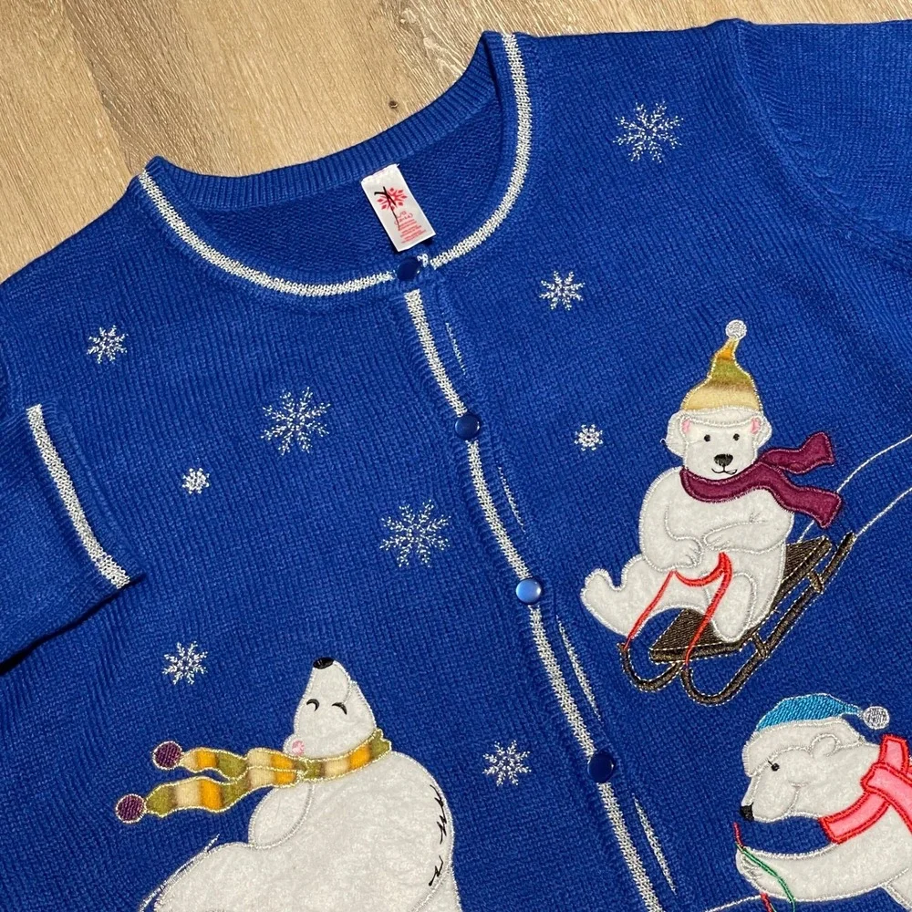 Vintage‎ Winter Scene Polar Bear Ugly Christmas Cardigan Sweater L Large EUC